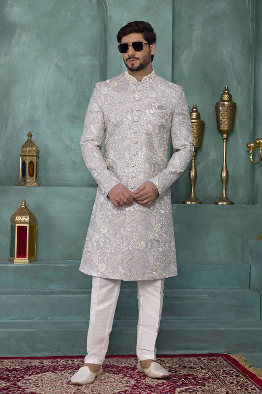 Art Silk Thread Embroidery Work Sherwani In Grey Colour