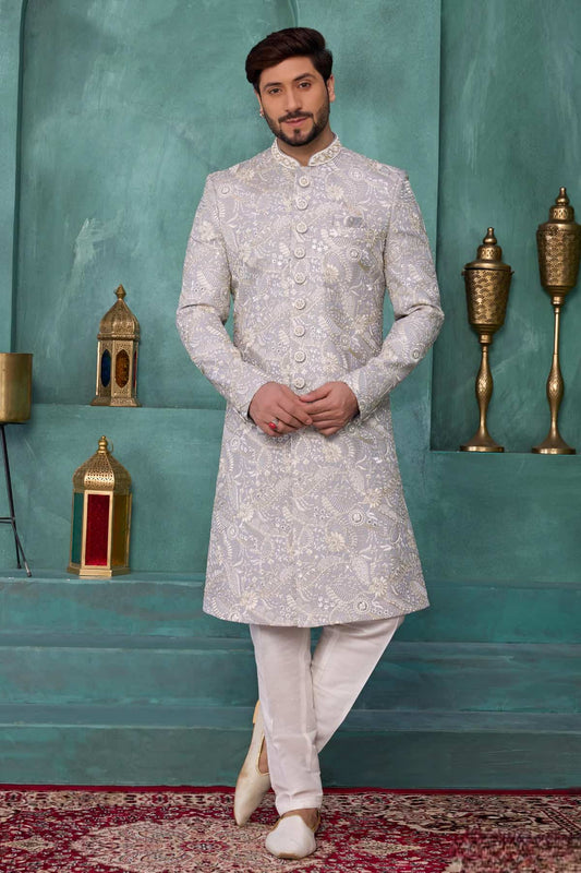 Art Silk Thread Embroidery Work Sherwani In Grey Colour
