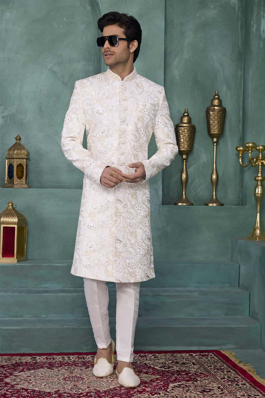 Art Silk Thread Embroidery Work Sherwani In Cream Colour