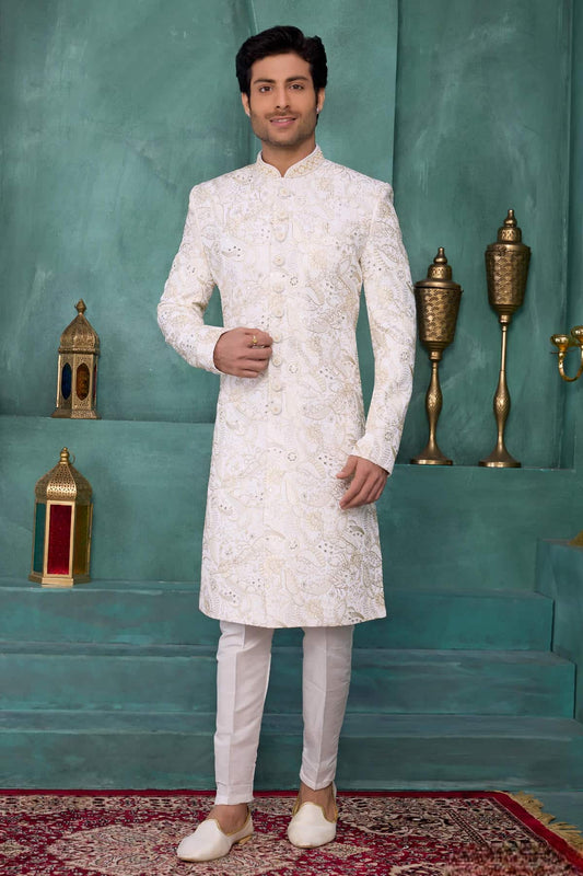 Art Silk Thread Embroidery Work Sherwani In Cream Colour