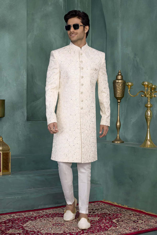 Art Silk Thread Embroidery Work Sherwani In Cream Colour