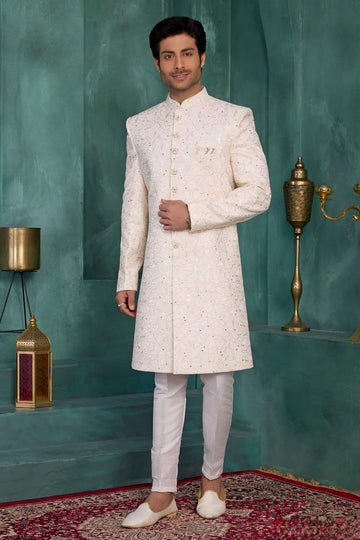 Art Silk Thread Embroidery Work Sherwani In Cream Colour