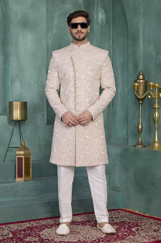 Art Silk Thread Embroidery Work Sherwani In Onion Pink Colour