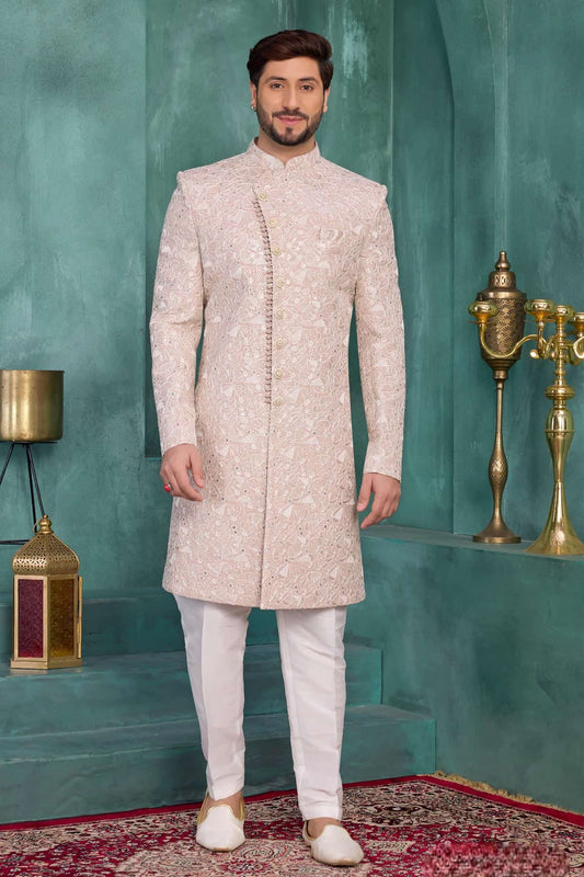 Art Silk Thread Embroidery Work Sherwani In Onion Pink Colour