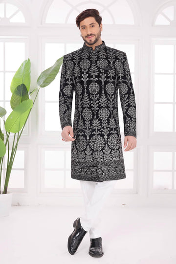 Thread Work On Velvet Sherwani In Black Colour