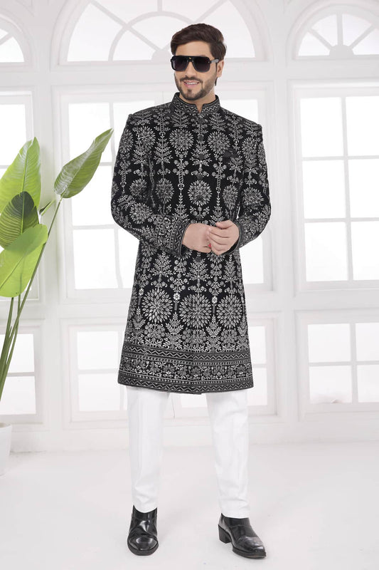 Thread Work On Velvet Sherwani In Black Colour