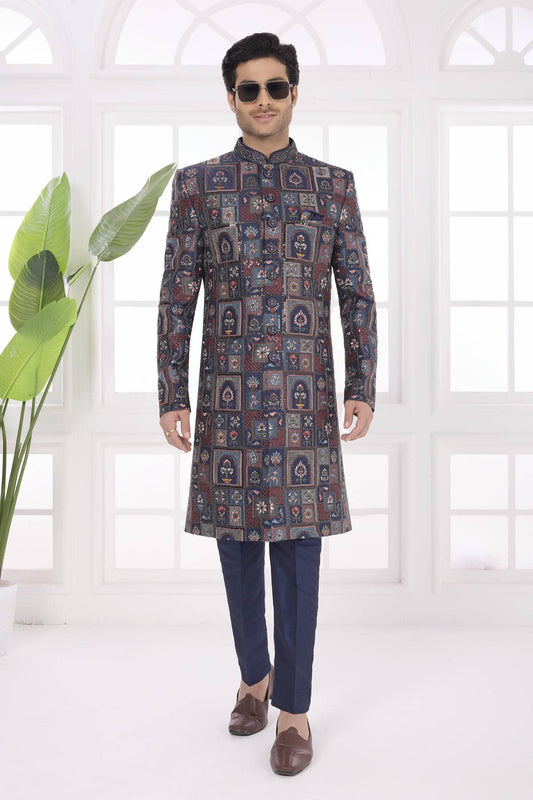 Thread Work On Art Silk Sherwani In Navy Blue Colour