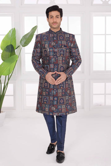 Thread Work On Art Silk Sherwani In Navy Blue Colour