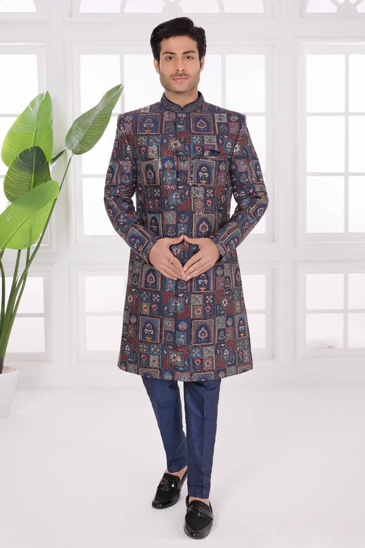 Thread Work On Art Silk Sherwani In Navy Blue Colour