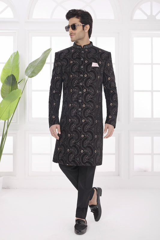 Thread Work On Art Silk Sherwani In Navy Blue Colour