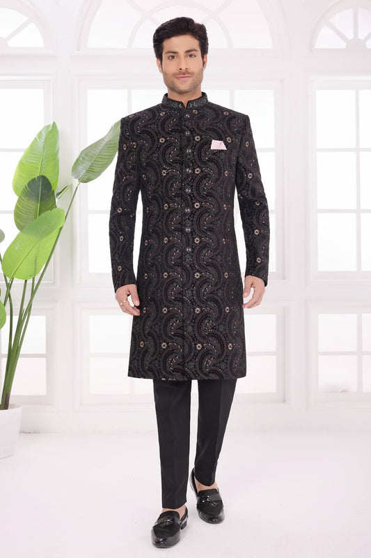 Thread Work On Velvet Sherwani In Black Colour