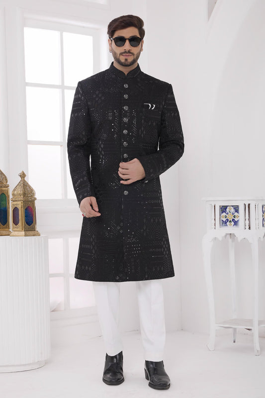 Thread Work On Art Silk Sherwani In Black Colour