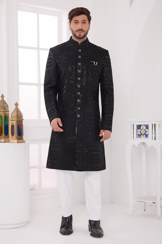 Thread Work On Art Silk Sherwani In Black Colour
