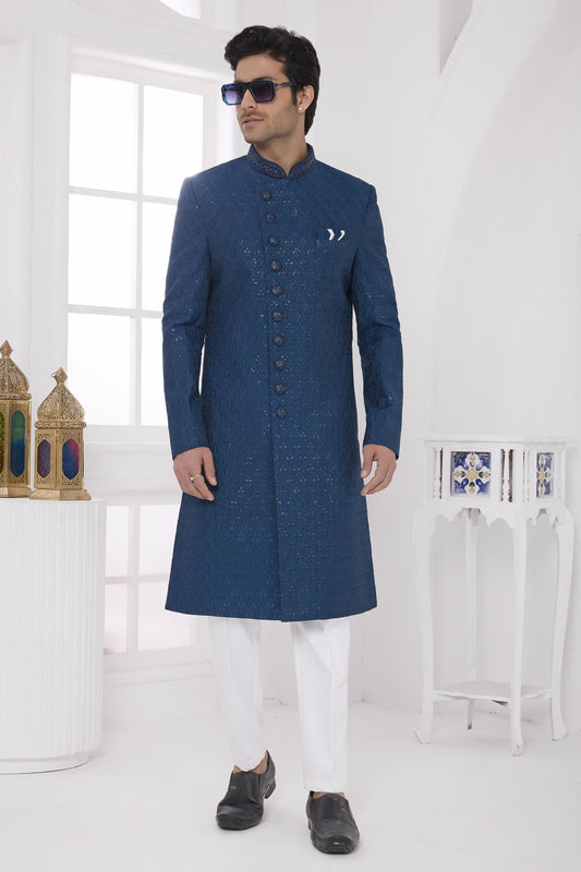 Thread Work On Art Silk Sherwani In Teal Green Colour