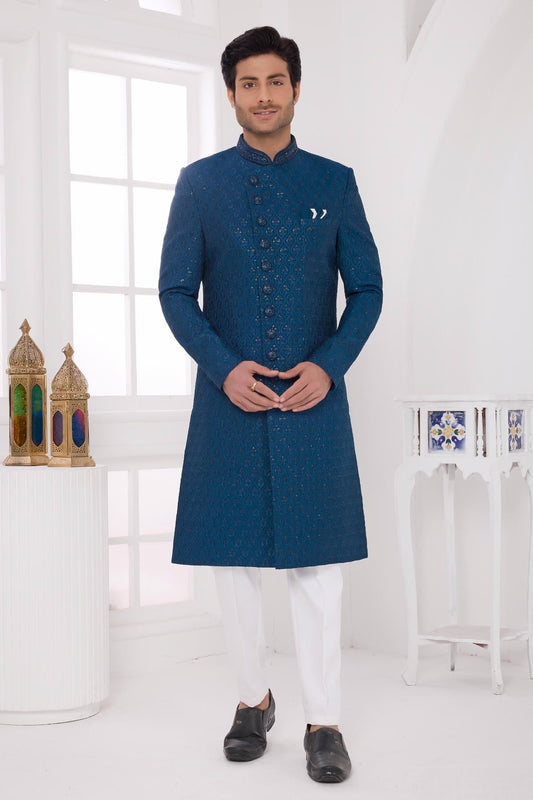 Thread Work On Art Silk Sherwani In Teal Green Colour