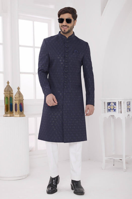Thread Work On Art Silk Sherwani In Navy Blue Colour
