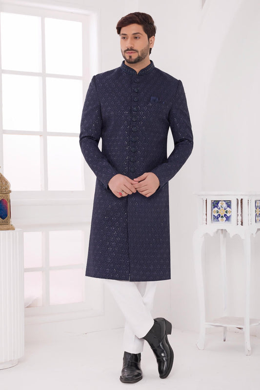 Thread Work On Art Silk Sherwani In Navy Blue Colour