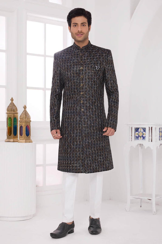 Thread Work On Art Silk Sherwani In Black Colour