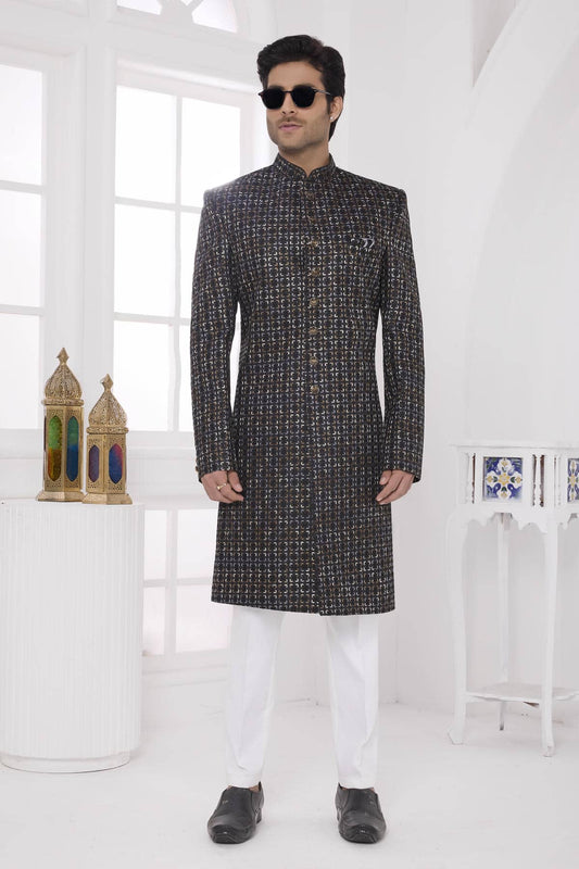 Thread Work On Art Silk Sherwani In Black Colour