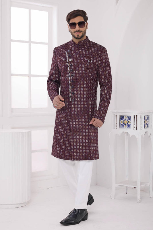 Thread Work On Art Silk Sherwani In Wine Colour