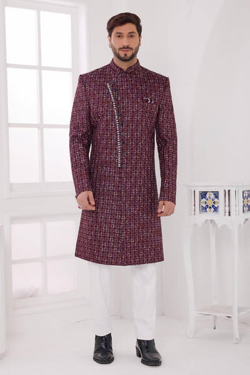 Thread Work On Art Silk Sherwani In Wine Colour