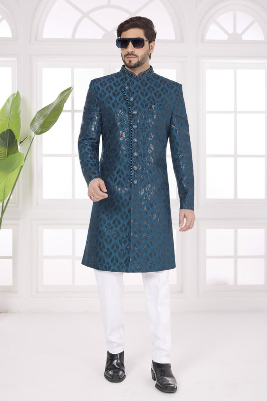 Thread Work On Art Silk Sherwani In Teal Green Colour
