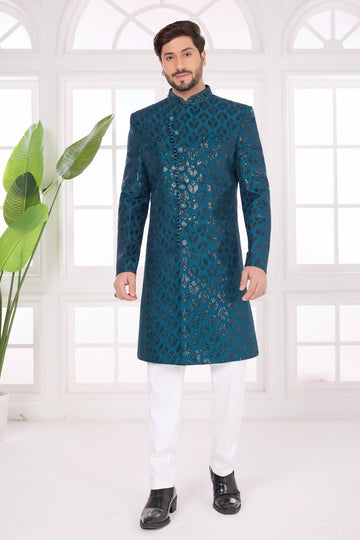 Thread Work On Art Silk Sherwani In Teal Green Colour