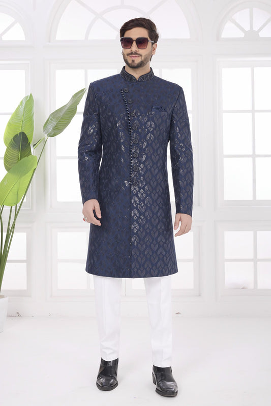 Thread Work On Art Silk Sherwani In Navy Blue Colour