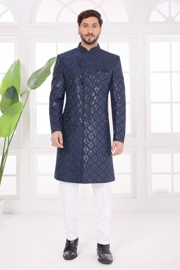 Thread Work On Art Silk Sherwani In Navy Blue Colour