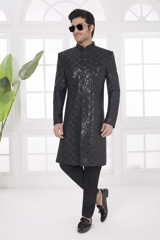 Thread Work On Art Silk Sherwani In Black Colour