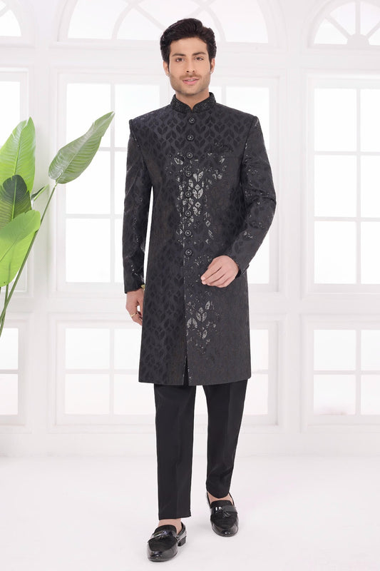 Thread Work On Art Silk Sherwani In Black Colour