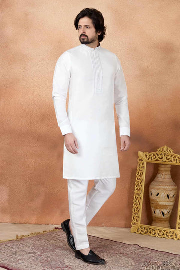 Art Silk Pintux Work Kurta Pajama In Off White Colour
