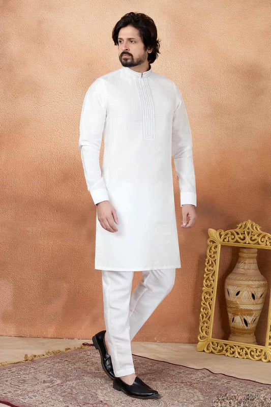 Art Silk Pintux Work Kurta Pajama In Off White Colour