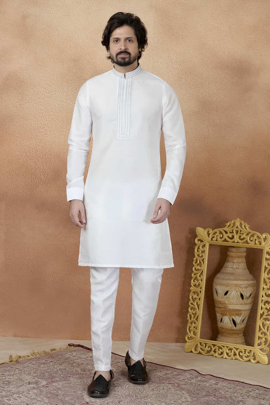 Art Silk Pintux Work Kurta Pajama In Off White Colour