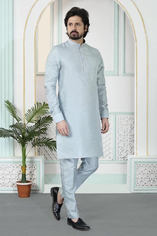 Art Silk Pintux Work Kurta Pajama In Grey Colour