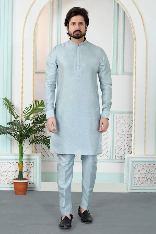 Art Silk Pintux Work Kurta Pajama In Grey Colour