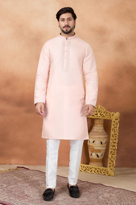 Art Silk Pintux Work Kurta Pajama In Pink Colour