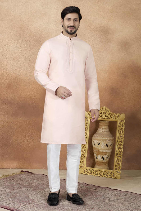 Art Silk Pintux Work Kurta Pajama In Pink Colour