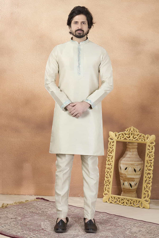Art Silk Pintux Work Kurta Pajama In Baige Colour