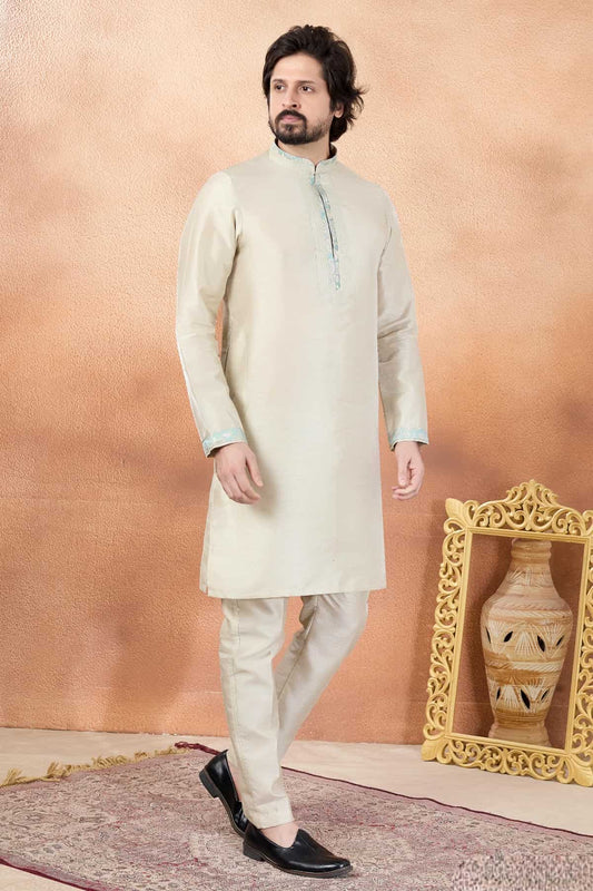 Art Silk Pintux Work Kurta Pajama In Baige Colour