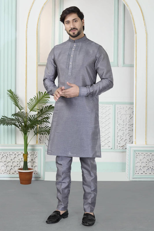 Art Silk Pintux Work Kurta Pajama In Grey Colour