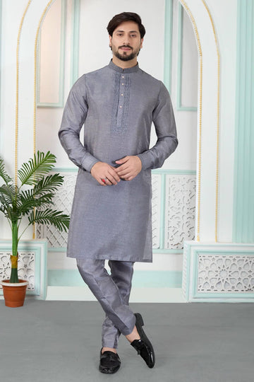 Art Silk Pintux Work Kurta Pajama In Grey Colour