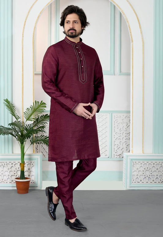 Art Silk Pintux Work Kurta Pajama In Maroon Colour