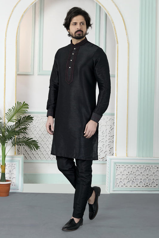 Art Silk Pintux Work Kurta Pajama In Black Colour