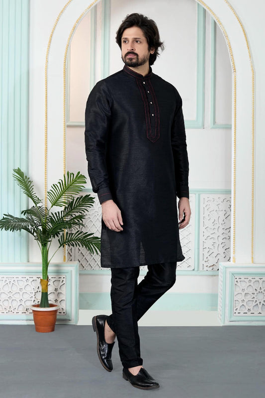 Art Silk Pintux Work Kurta Pajama In Black Colour