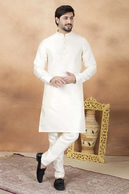 Art Silk Pintux Work Kurta Pajama In Cream Colour