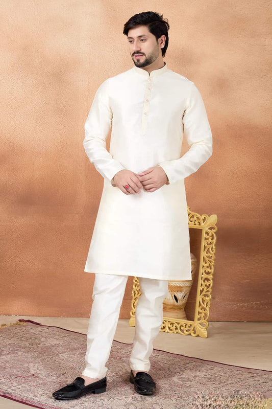 Art Silk Pintux Work Kurta Pajama In Cream Colour