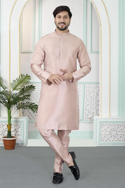 Art Silk Pintux Work Kurta Pajama In Onion Colour