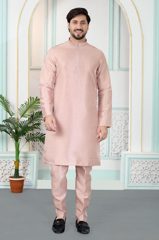 Art Silk Pintux Work Kurta Pajama In Onion Colour
