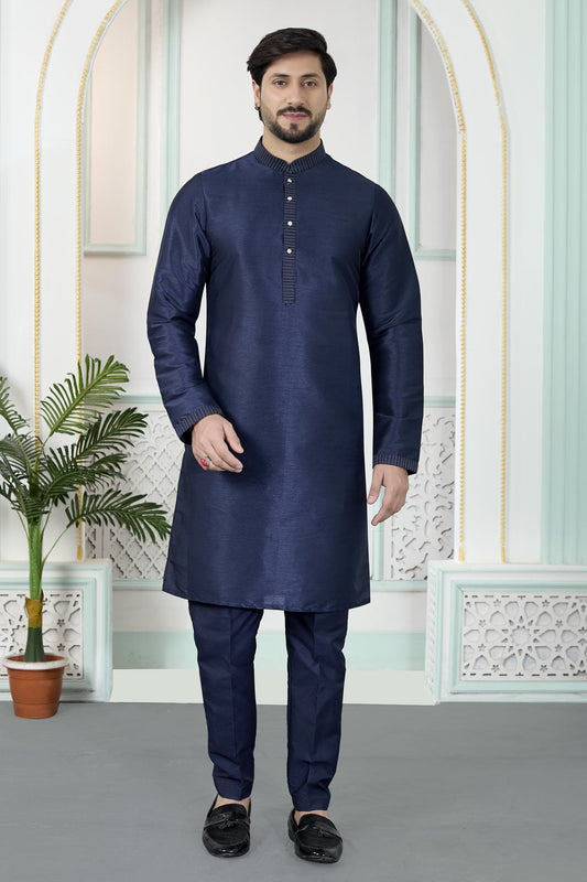 Art Silk Pintux Work Kurta Pajama In Blue Colour